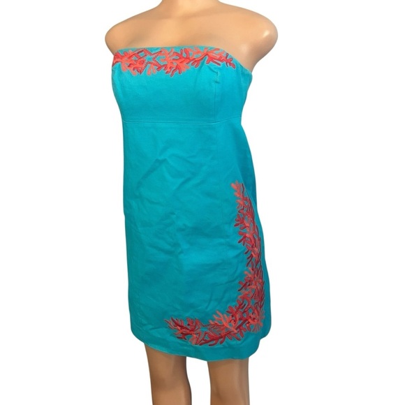 Lilly Pulitzer Bowen Dress Turquoise Coral Embroidered Strapless - Picture 3 of 9